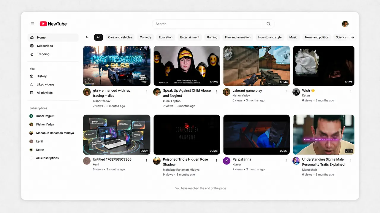 Interface screenshot of NewTube